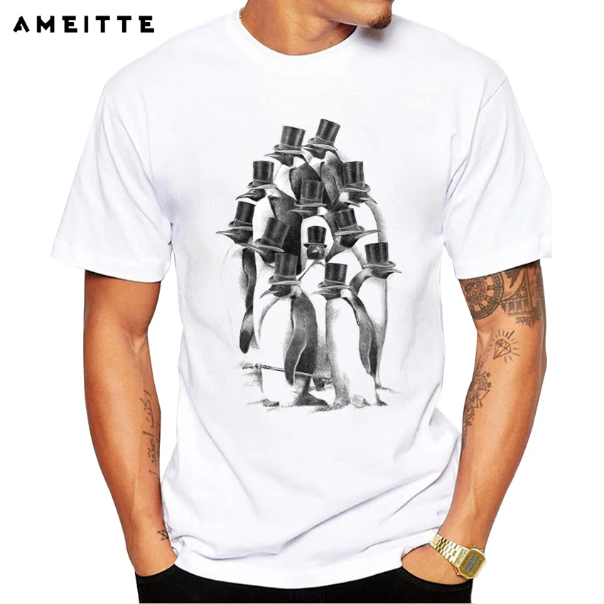 2019 AMEITTE Funny Gentlemen Penguins T-Shirt Men's Hipster White Short Sleeve Tee Shirts Summer Popular Streetwear Tops | Мужская