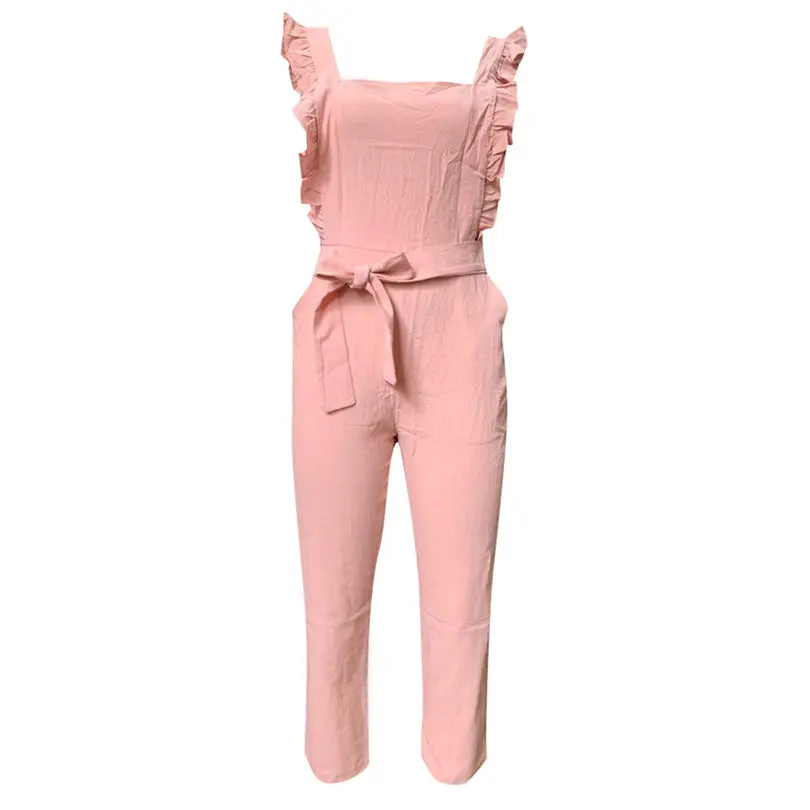 New Women's Summer Fashion Casual Linen Shirred Frill Sleeves Pockets Jumpsuit Ladies Belted Summer Holiday #4A25 (11)