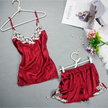 

summer faux silk women short sleep sets spaghetti strap summer embroidery pajama set lounge sleepwear solid home clothing 801287