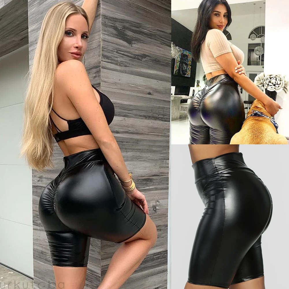 Hot Sexy Women Shorts Skinny Stretchy PU Leather High Waist Female Solid Color Push Up Short Plus Size S-L