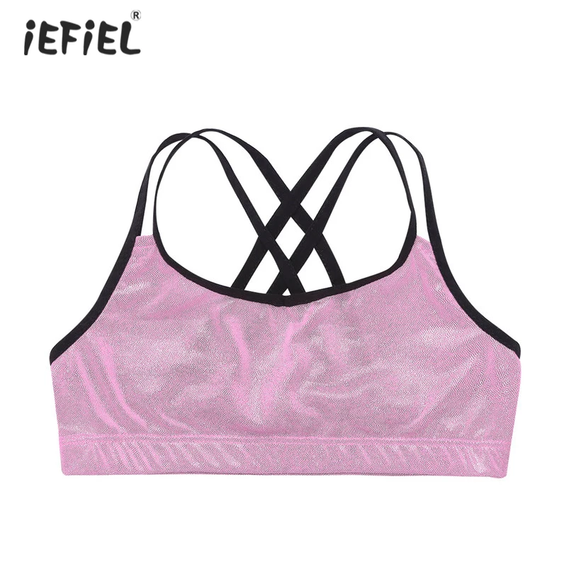 

Fashion Kids Girls Glittery Metallic Double Shoulder Straps Soft Crop Top for Ballet Dance Gymnastics Stage Performance SZ 4-12Y