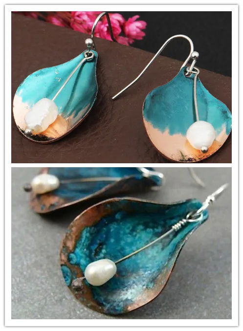 Leaf Dangle Earrings With Pearl Lady Retro Boho Ear Hook Teardrop Women Handmade Ear Stud Jewelry Gift