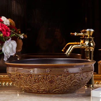 

Dragon Europe Vintage Style china Artistic Handmade porcelain Round Countertop wash basin ceramic bathroom sinks brown