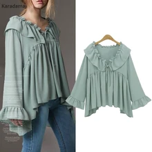 

2018 New Arrival Fashion spring Casual Woven Full sleeve Appliques Regular Solid V-neck Butterfly Sleeve women T-shirt plus size