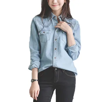 

2018 summer new women denim shirt blue button blouse outwear coat tops