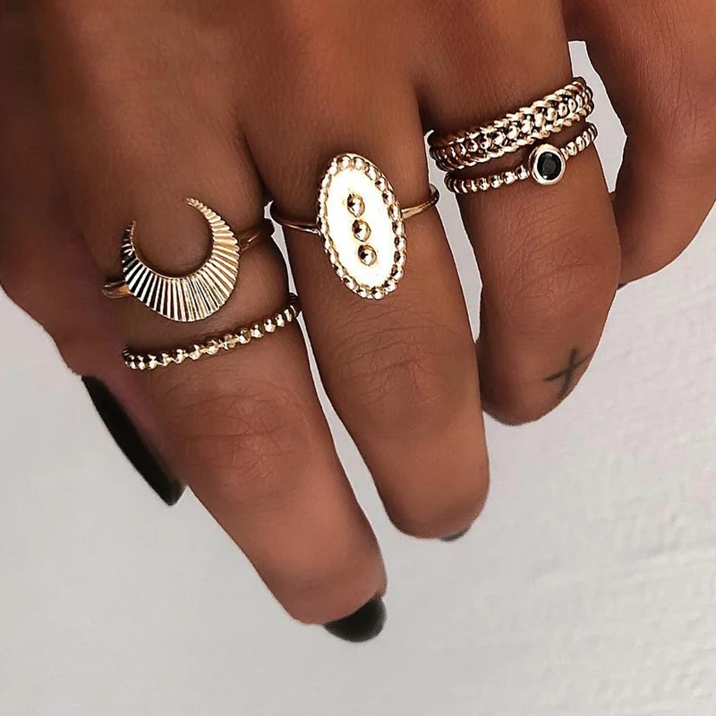 

Vintage Moon Seal Gold Silver Color Rings 5 Pcs/set Rings Set for Women 2019 Boho New Fashion Ladies Wedding Engagement Jewelry