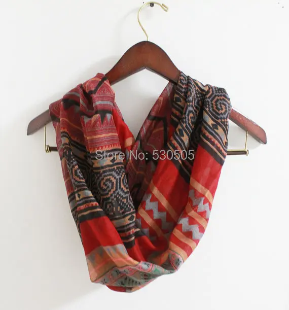 

Bohemian Infinity Scarf Boho Pattern Scarf Red Aztec Scarf with Tribal Print