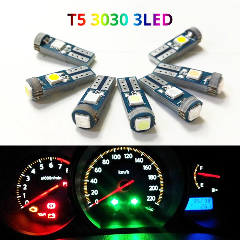 

T5 W3W W1.2W 18 37 70 73 74 canbus Auto Lamp 3SMD 3030 LED Car Dashboard warming indicator Wedge Light Instrument Bulb no error