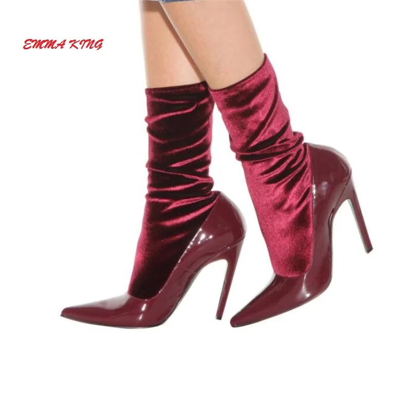 

Emma King 2018 New Women Sock Ankle Boots High Heel Fashion Pointed Toe Stretch Fabric Slip On Women Pumps Ladies Stiletto Botas