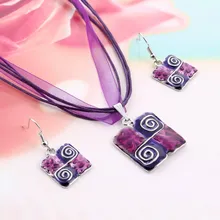 Модные Ювелирные наборы винтажная кожаная веревка лента цепь натуральный фиолетовый камень квадратная Геометрическая ожерелье с подвеской из эмали серьги набор