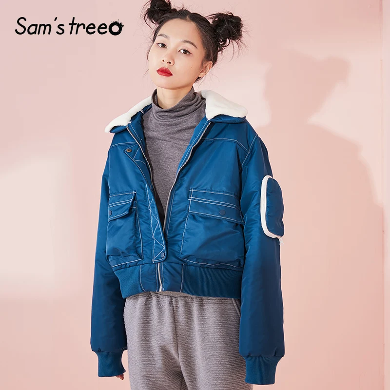 Col Dame Femmes De Preppy D'hiver Turn Samstree Manteaux Femme Manteau red Court Veste Jeune Down Blue Rembourré Fourrure Style Poche 8Zxwgwz