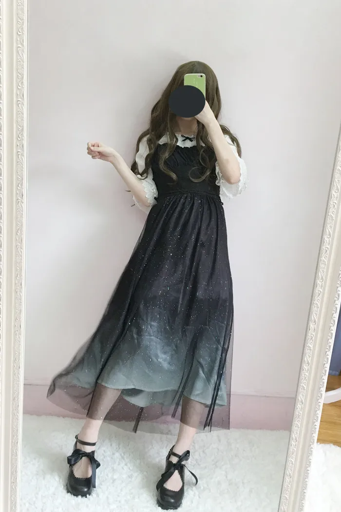 Japanese Fashion Galaxy Blue Starry Dress Women Lolita Summer JSk Soft Sister Cute Fairy Dress Lace Princess Tulle Strap Dress Japanese Fashion Galaxy Blue Starry Dress Women Lolita Summer JSk Soft Sister Cute Fairy Dress Lace Princess Tulle Strap Dress