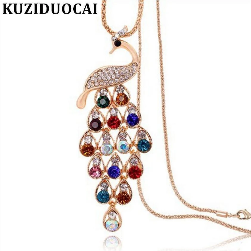 

Kuziduocai New Fashion Jewelry Super Dazzling Rhinestone Colorful Peacock Luxurious Long Necklace & Pendants For Women N-114