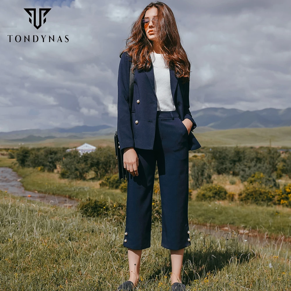 TONDYNAS women blue casual full suits, women zipper pant suits 165316