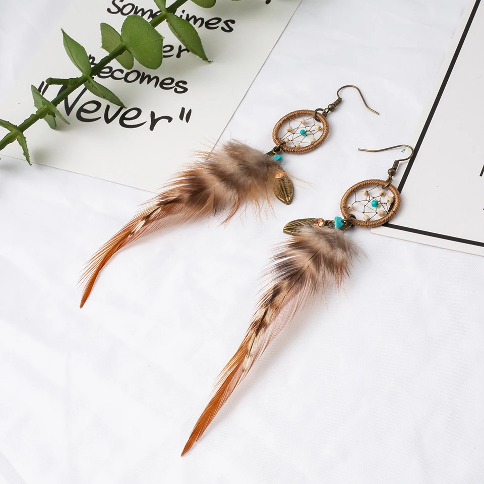 2019 Dream Catcher Alloy Feather Drop Earrings For Women Boho Handmade Fashion Long Feather Earring Charm Party Jewellery Gift
