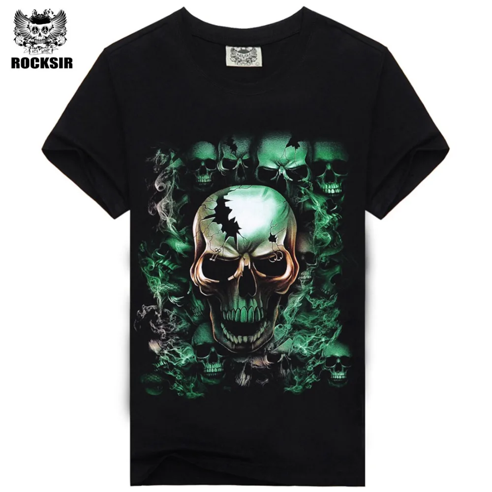 

Rocksir Men T-shirts 2017 Brand Clothing Summer Men's Fashion Cotton Short-Sleeve T-shirt Green Skull 3D Men's T shirt Men Tops
