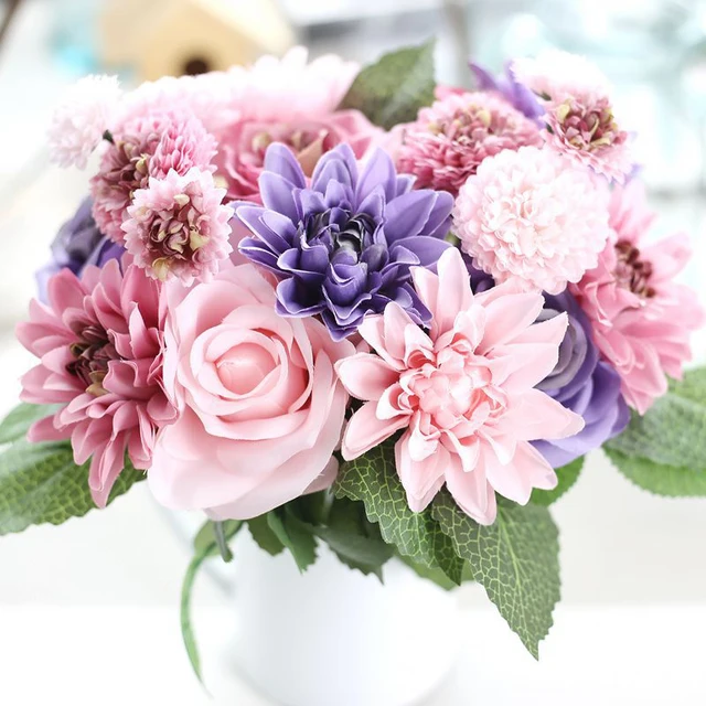 vivid silk rose dahlia artificial bouquet 1 bunch wedding flowers