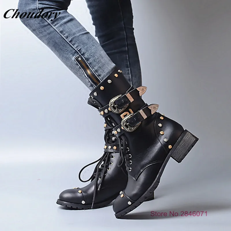 Choudory Стиль Середины Икры Botas Mujer Езда Сапоги Double Ремни Пряжки Черный босоножки