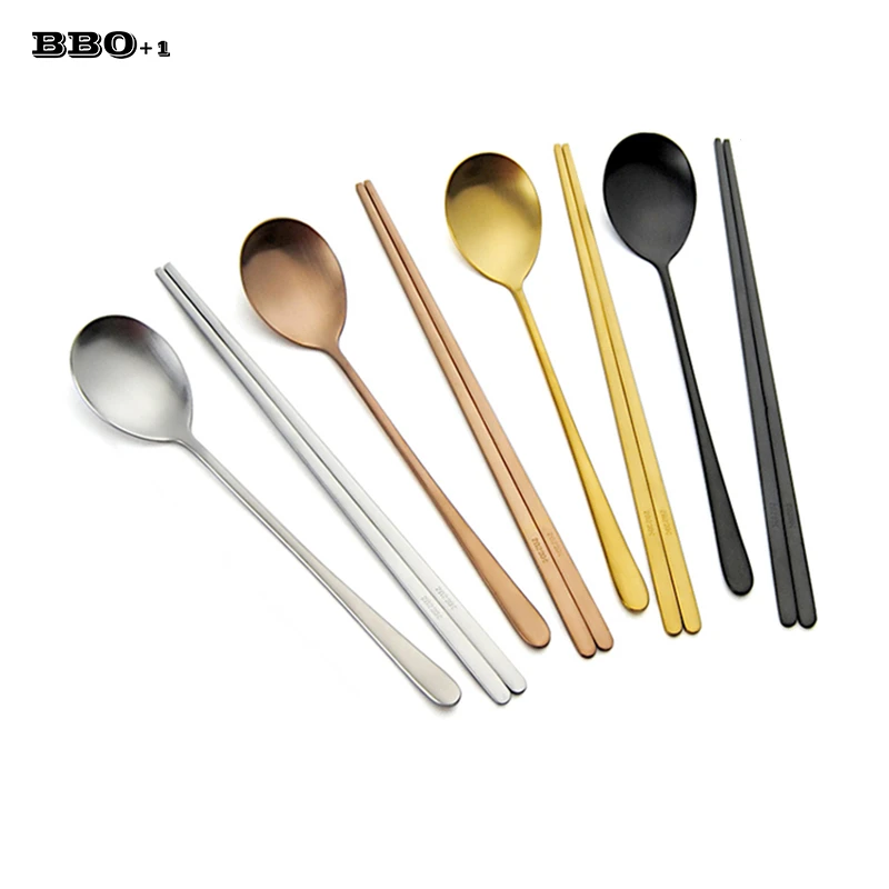 Korean Cutlery Flat Chopsticks Steel Stainless Travel Dessert Spoon Flatware Set 