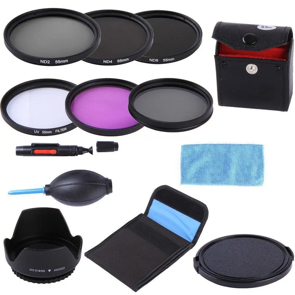 55mm 55 mm UV CPL FLD ND 2 4 8 ND Filter Kit + Lens Hood + Lens Cap +3