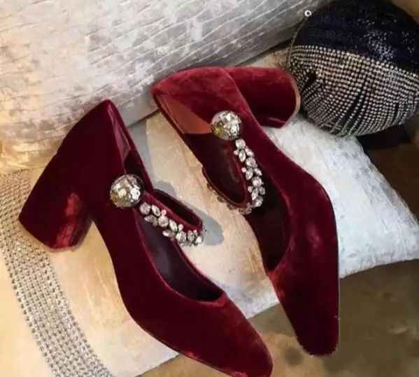 

Hot selling square toe Mary Janes vintage shoes 2017 wine red velvet crystal embellished high heel shoe woman thick heels pumps