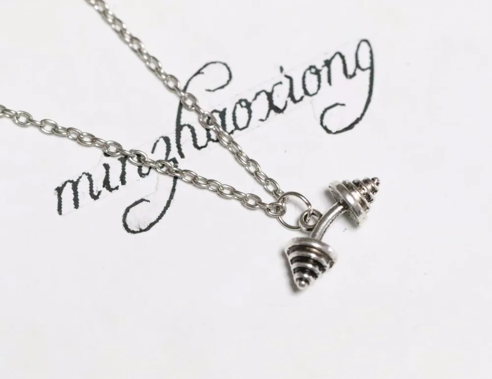 

Fashion Vintage Ancient Silver Dumbbell Barbell Fitness Sports Charms Pendants Necklace Statement Choker Sporter Gifts 10Pcs