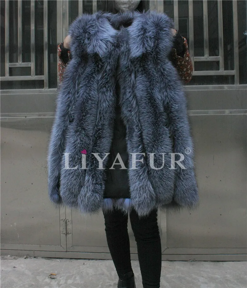 LIYAFUR Women's Real Genuine Full Pelt Silver Fox Fur Long Sleeveless Vest Waistcoat Gilet for Women