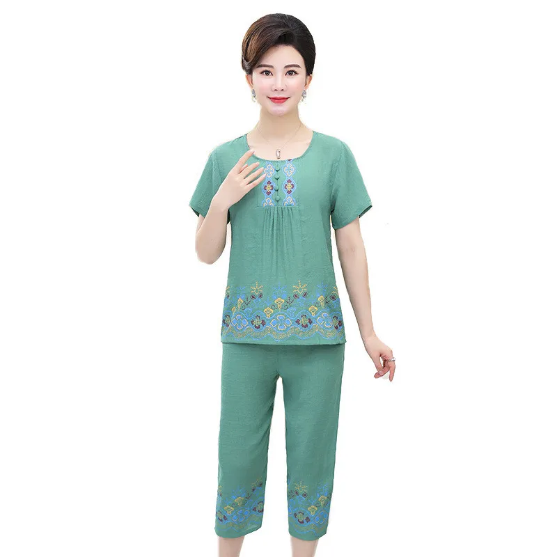 

Women's Summer Cotton Linen Thin T-shirt + Pants Suit Spring Autumn Mother Pajamas Women's Large Size Loose Home Service A223