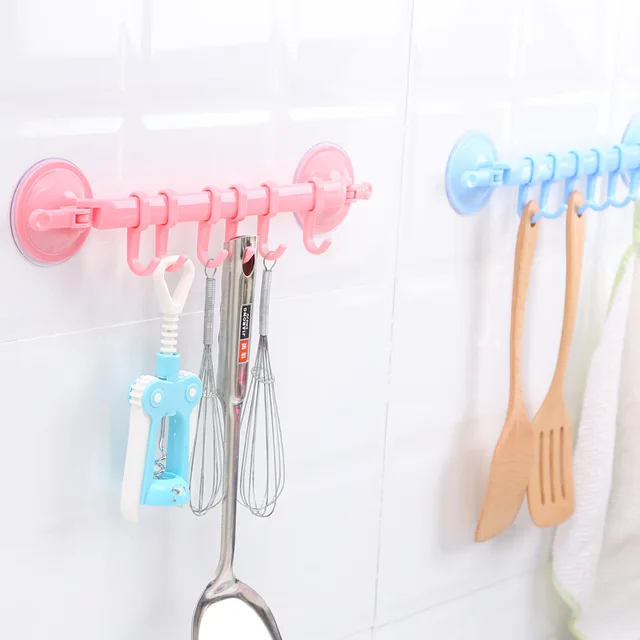 Plastic Bathroom Wall Shelf Sucker Hook Nail Locked with 6 Hooks for Kitchen Bathroom Accessories Wall Hook Products 5 colors  1