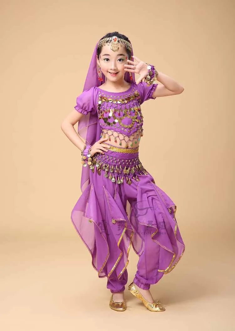 Новые сексуальные Детские костюмы для танца живота, костюмы для девочек, дизайн с блестками, одежда для бальных танцев,, детские танцевальные костюмы, топ и штаны - Цвет: 2 pcs purple