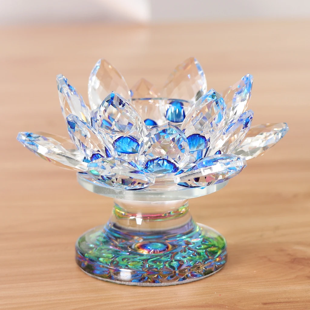 7 Colors Crystal Glass Lotus Flower Candle Tea Light Holder Buddhist Decor