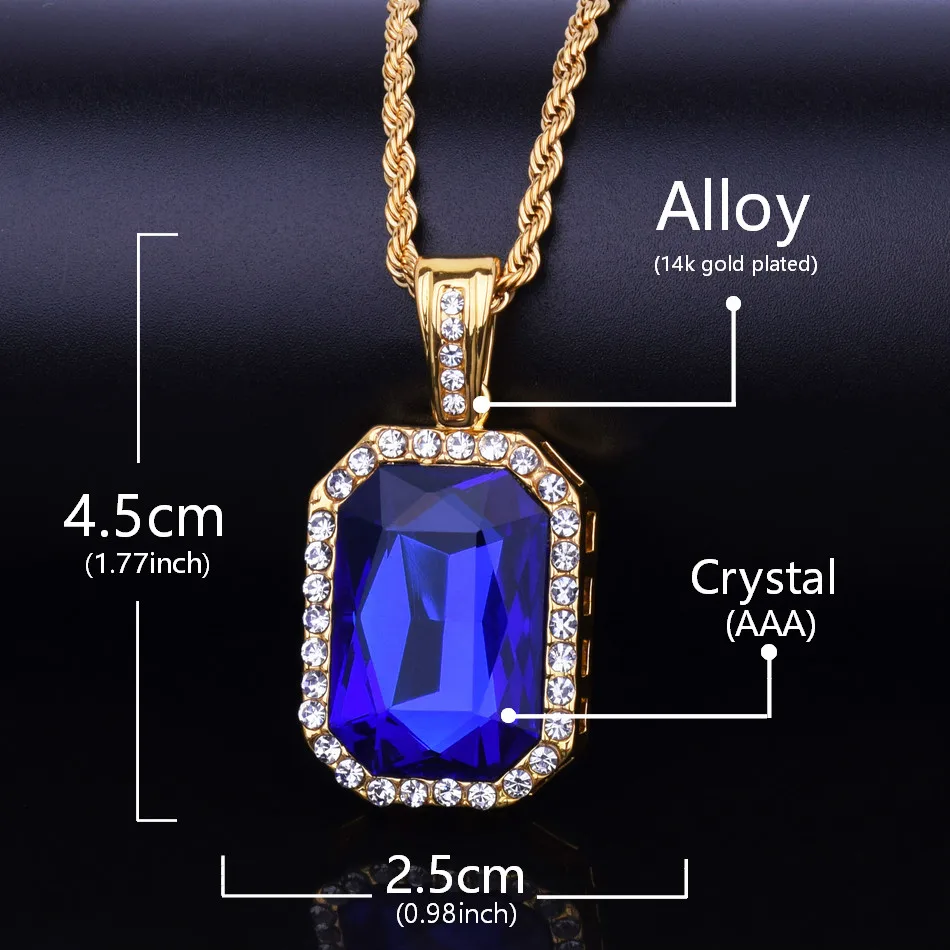 Квадратное ожерелье с красно-синим кристаллом и подвеска золотого цвета со льдом, блестящие стразы для мужчин и женщин, ювелирные изделия в стиле хип-хоп, кубинская цепочка 2" 24"