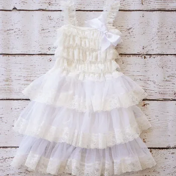 

Cute Girls White Lace Cake Tutu Dress Kids Fluffy Vintage Wedding Tulle Dresses with Straps and Ribbon Bow Children Party Dress