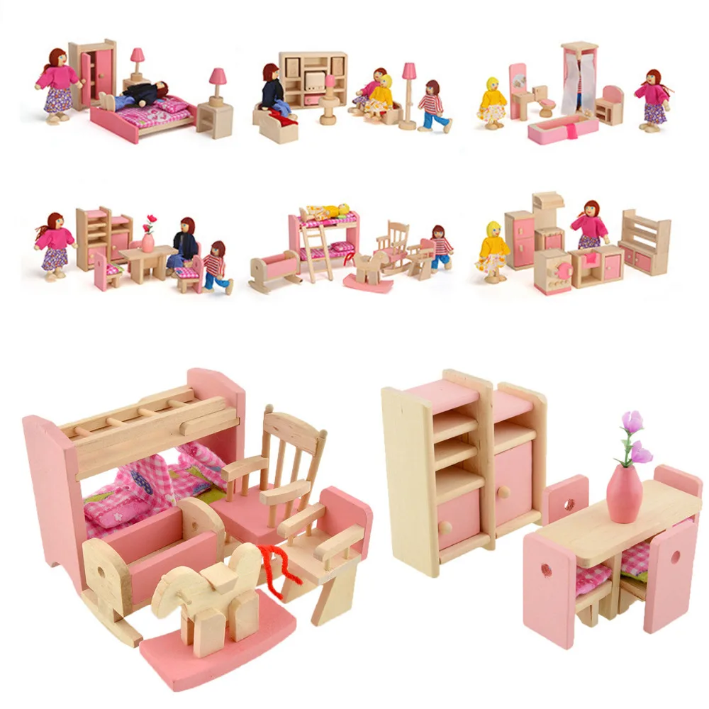 أثاث خشبي دمى منزل الأسرة مصغرة 6 غرفة مجموعة دمى للأطفال الأطفال