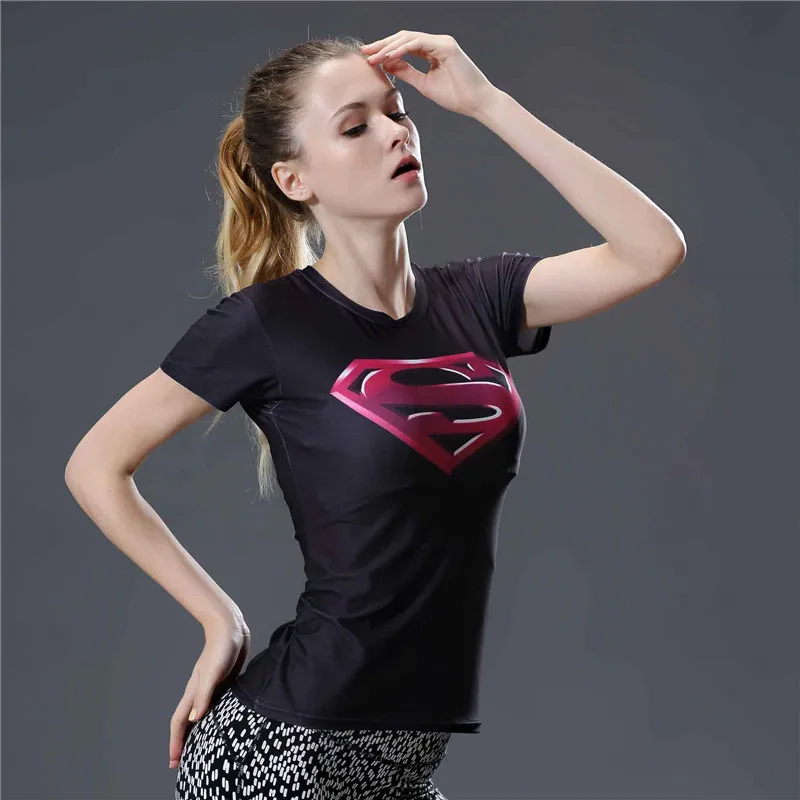 16  3D Superman Captain America Superhero T Shirt Women Summer Top Fitness Compression Shirt Short Sleeve O-neck Tight Tshirt Women