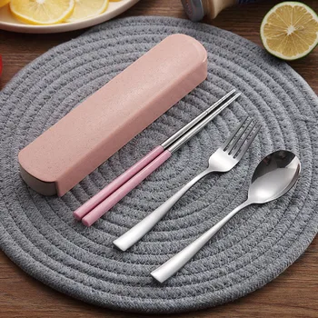 

304 Stainless Steel Chinese Chopsticks Wheat Straw Portable Travel Chopsticks Reusable Food Sticks Cutlery Box Three-piece Suit
