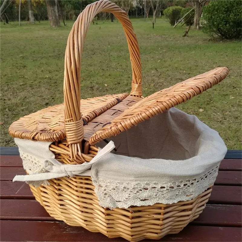 S/L حجم نزهة سلة يدوية الخوص أكياس التخييم PicnicBasket التسوق تخزين نزهة الغذاء سلة المنسوجة الفاكهة تخزين سلة