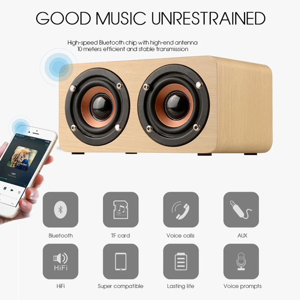W5 Деревянный беспроводной Bluetooth динамик Портативный HiFi Shock Bass Altavoz TF caixa de som