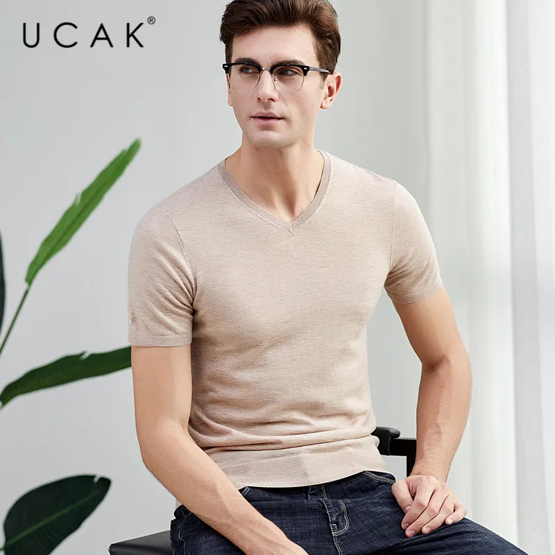UCAK Brand Sweater Men Casual Short Sleeve V-Neck Pull Homme Pure Merino Wool Pullover Men Autumn Winter Cashmere Sweaters U3001