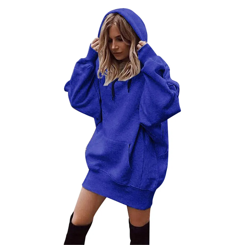 Sweatshirt mini Dress Women Hoodies Ladies Long Sleeve Casual Hooded Pullover Jumper oversized Sweatshirt Casual Clothe sudadera - Цвет: Blue