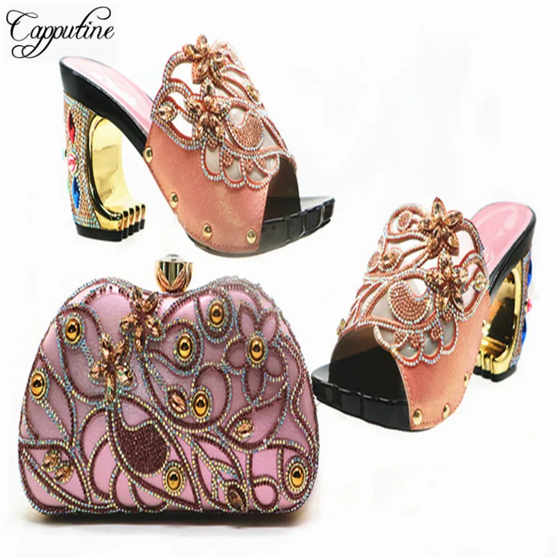 Capputine Nigerian Party Shoes And Bag Sets Italian Fashion Decorated With Rhinestone Shoes And Bag Set For Party Size 38-42