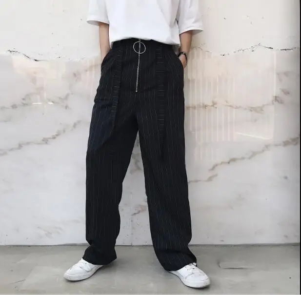 Корейская версия тренда простые полосатые штаны индивидуальный стиль Модные брюки для ночного клуба мужская одежда - Цвет: Черный
