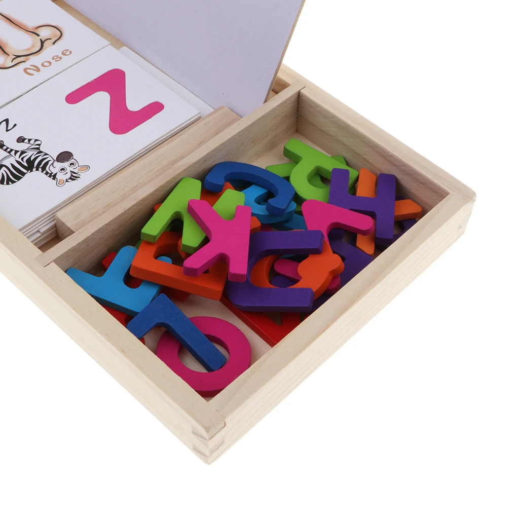 Wooden Alphabet Letters Matching Puzzle ABCs Flash Cards with Writing Board and Storage Box for Kids Preschool Learning