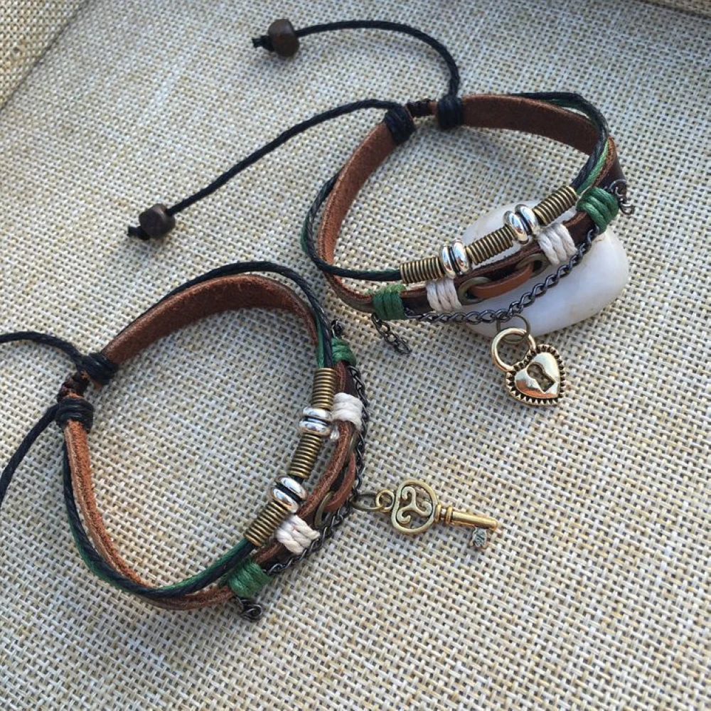 BRT0017 12 пар/упак. этнические влюбленные пары с замком для ключей парные кожаные браслеты для мужчин и женщин тканый браслет ювелирные изделия