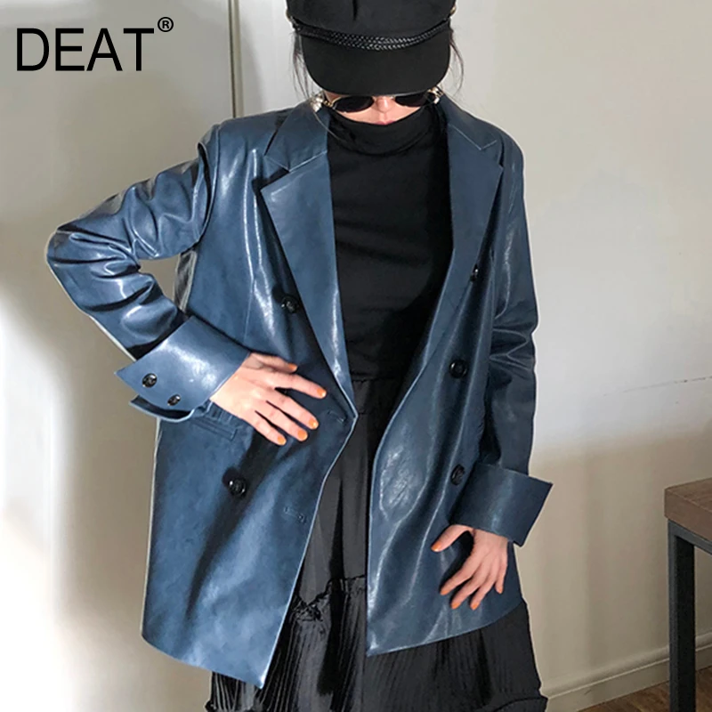 

[DEAT] 2020 New Spring Autumn Lapel Neck Long Sleeve Slim Suit Personality Leather Jacket Women Coat Fashion Tide 10D373