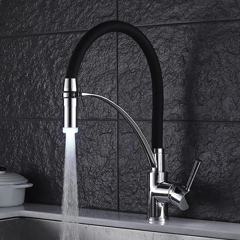 

LED Kitchen Faucets with Rubber Design Chrome Mixer Faucet for Kitchen Single Handle Pull Down Deck Mounted Crane for Sinks