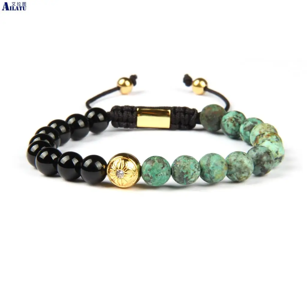 Ailatu New Natural African Stone Micro Pave Cz Macrame Bracelet for Cool Men | Украшения и аксессуары