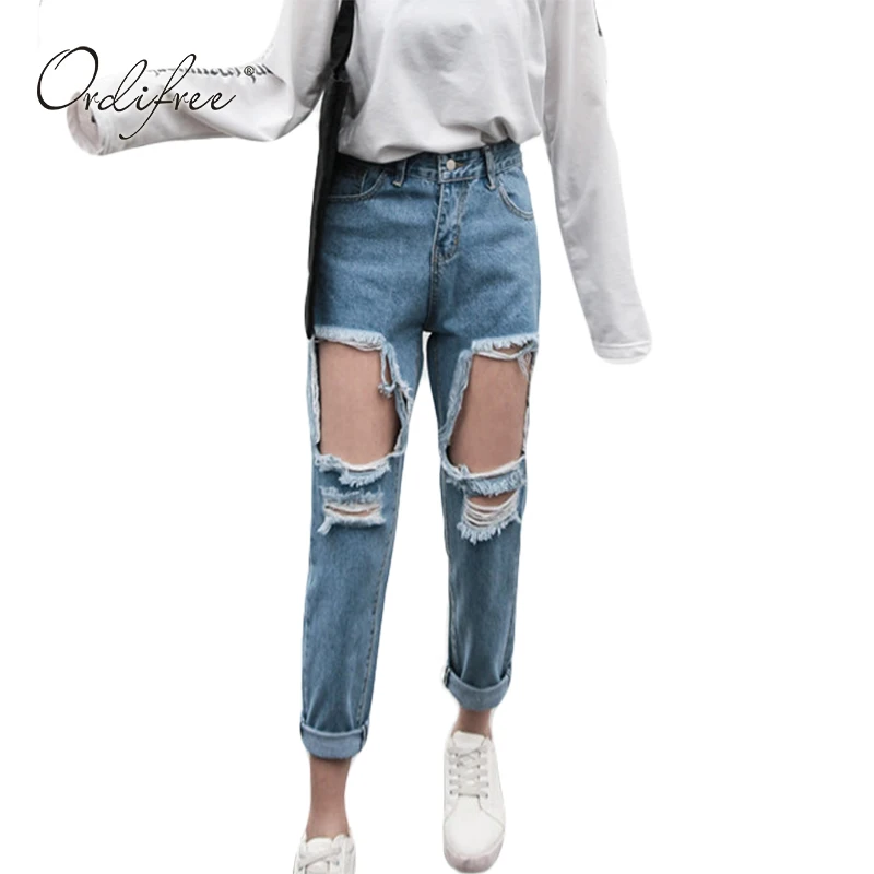

Ordifree 2017 Fashion Distressed Casual Denim Pants Light Blue Soft Loose Female Cotton Jeans Hole High Waist Women Ripped Jeans