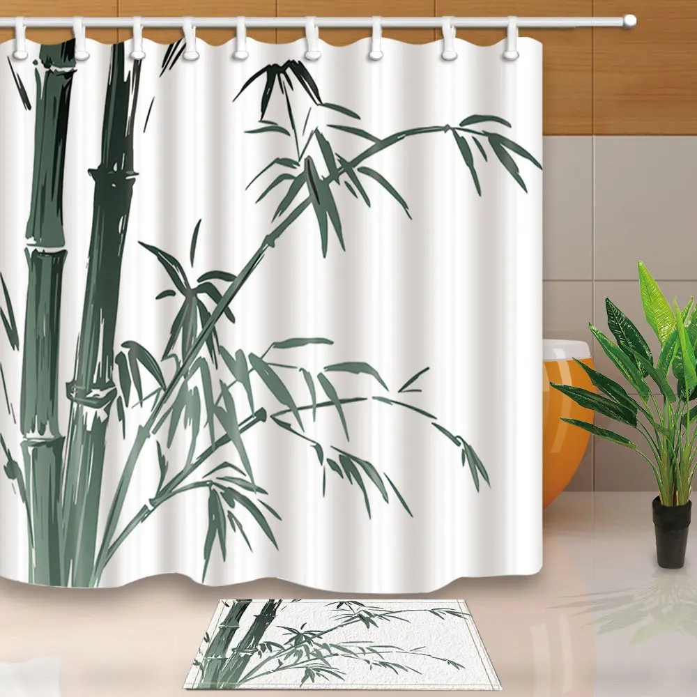Bamboo Shower Curtains With White Background Bathroom Curtain Polyester