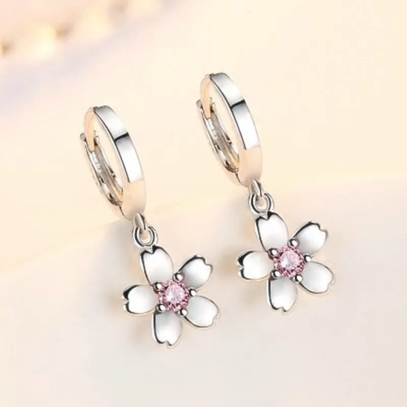 

925 Sterling Silver Five Petals Drop Earring Pink Daisy Flower CZ Crystal Dangle Earrings for Women Fashion Silver Jewelry Gift